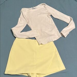ZARA White Long Sleeve Top and Yellow Skirt/shorts Set